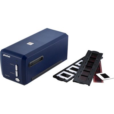 Plustek OPTICFILM 8100 scanner in navy blue with a sleek design, featuring a power button, and accompanied by film holders for 35mm slides and negatives.