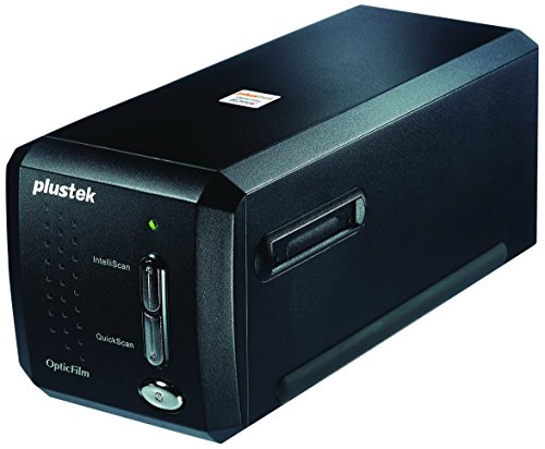 Black Plustek OpticFilm 8200i Ai film scanner featuring a sleek design, control buttons for InitScan and QuickScan, and a film slot for scanning negatives and slides.
