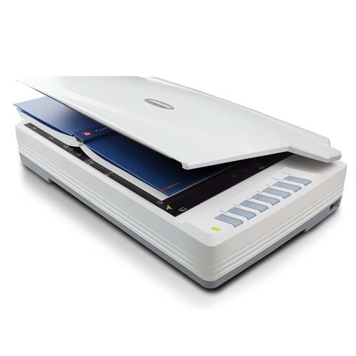Plustek A320E flatbed scanner in white, featuring an open lid, control buttons on the front, and a scanning area for A3 documents, with a resolution of 800 x 800 DPI.