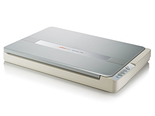 Plustek Opticslim 1180 scanner in light gray and cream, featuring a sleek design, a flatbed surface, and five control buttons on the right side for easy operation.