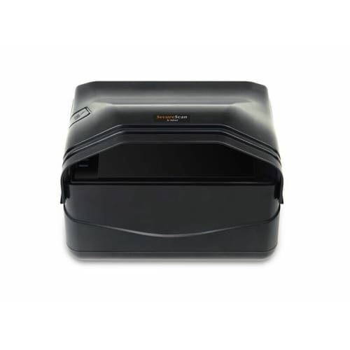 Compact black scanner with a sleek design, featuring a curved top, front feed slot, and a power button on the side, ideal for secure document scanning.