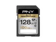 Black and gold PNY 128 GB SDXC UHS-I Class 10 memory card featuring a sleek design, with a label indicating "Elite Performance" and a speed of 100 MB/s.