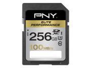 PNY 256GB SDXC Class 10 UHS-I memory card featuring a black and gold design, labeled "Elite Performance," with a speed rating of 100MB/s.