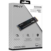 PNY CS1030 500GB M.2 PCIe 3.0 NVMe SSD with black circuit board and silver connectors in branded packaging.