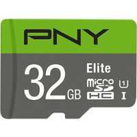 Green and gray PNY Elite 32 GB MicroSDHC UHS-I Class 10 memory card with white text and icons.