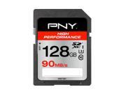 PNY High Performance 128 GB SDXC UHS-I Class 10 memory card featuring a black and red design with a speed rating of 90 MB/s and a white label for capacity details.