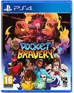 Bright blue PS4 game case featuring "Pocket Bravery" title in bold, colorful letters, with various characters and a fiery background illustration. Age rating 16+ displayed prominently.