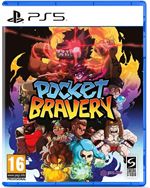 Bright blue PS5 game case featuring "Pocket Bravery" title in bold, colorful letters, with various characters and fiery graphics in the background. Age rating 16+.