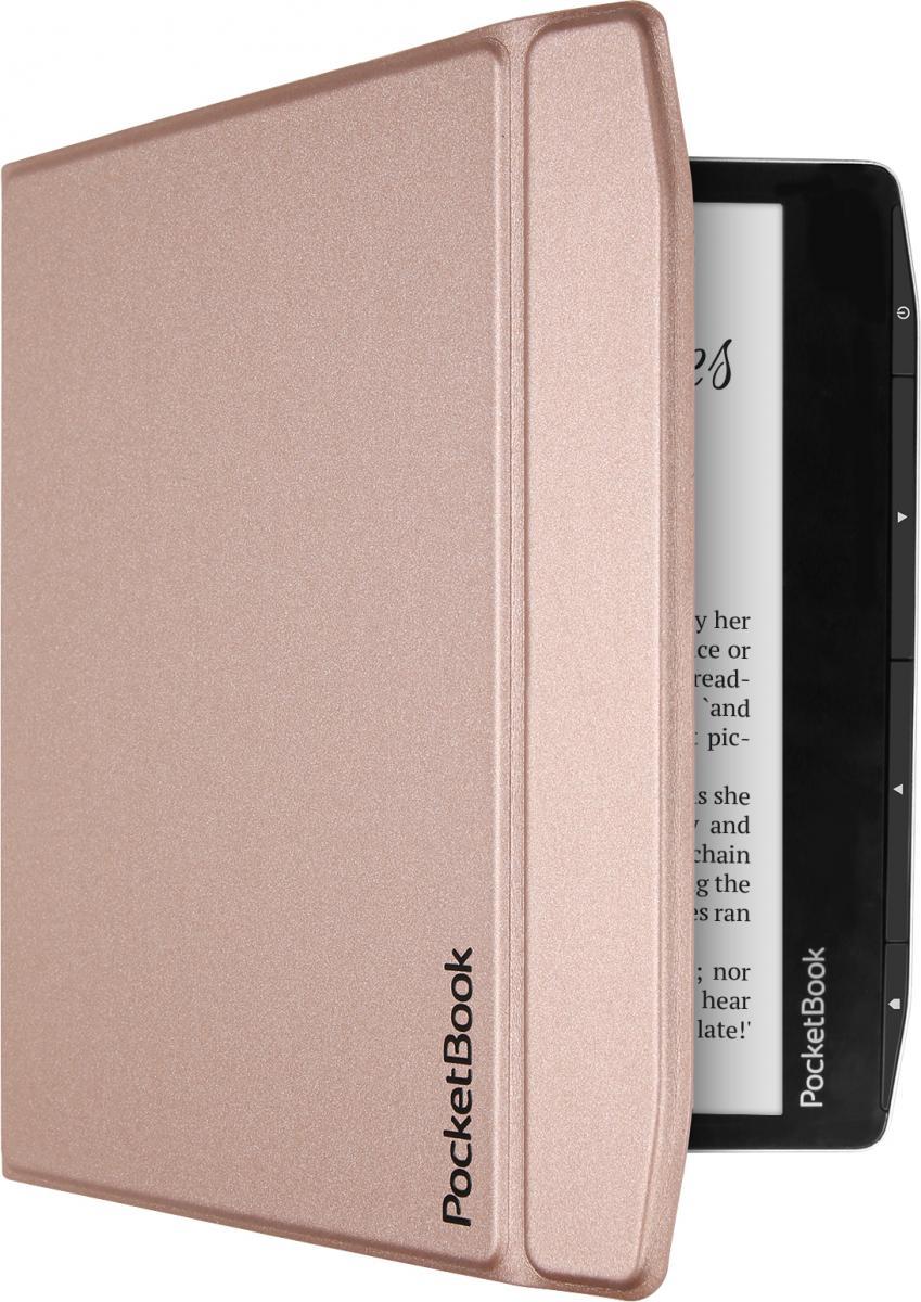 Rose gold e-book reader case with a sleek, matte finish, designed for a 7-inch device, featuring a magnetic closure and the PocketBook logo on the side.
