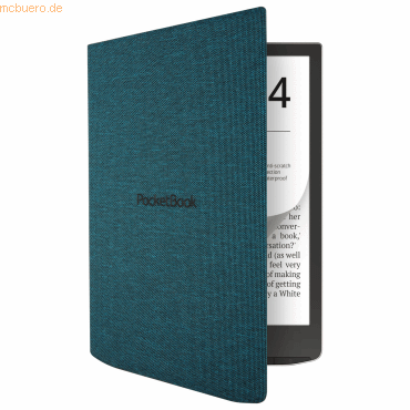 Teal fabric e-book reader case with a textured finish, designed for a 7.8" PocketBook, featuring a sleek, open design that reveals the device's screen.