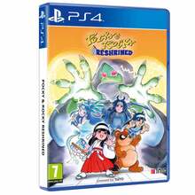 Colorful game cover featuring cartoon characters, a green monster, and a girl in a red dress, with "Pocky & Rocky Reshrined" and PlayStation 4 branding prominently displayed.