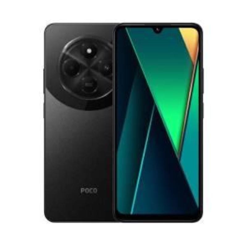 Black Poco C75 smartphone with a sleek design, featuring a large display, triple rear camera setup, and a glossy finish, labeled with "POCO" on the back.
