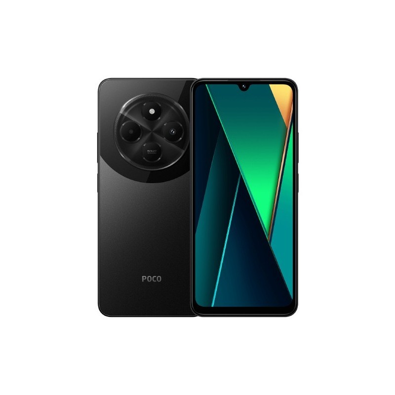 Xiaomi Poco C75 in Global Black features a sleek design, dual SIM capability, 256GB storage, 8GB RAM, and a distinctive camera module with three lenses on the back.