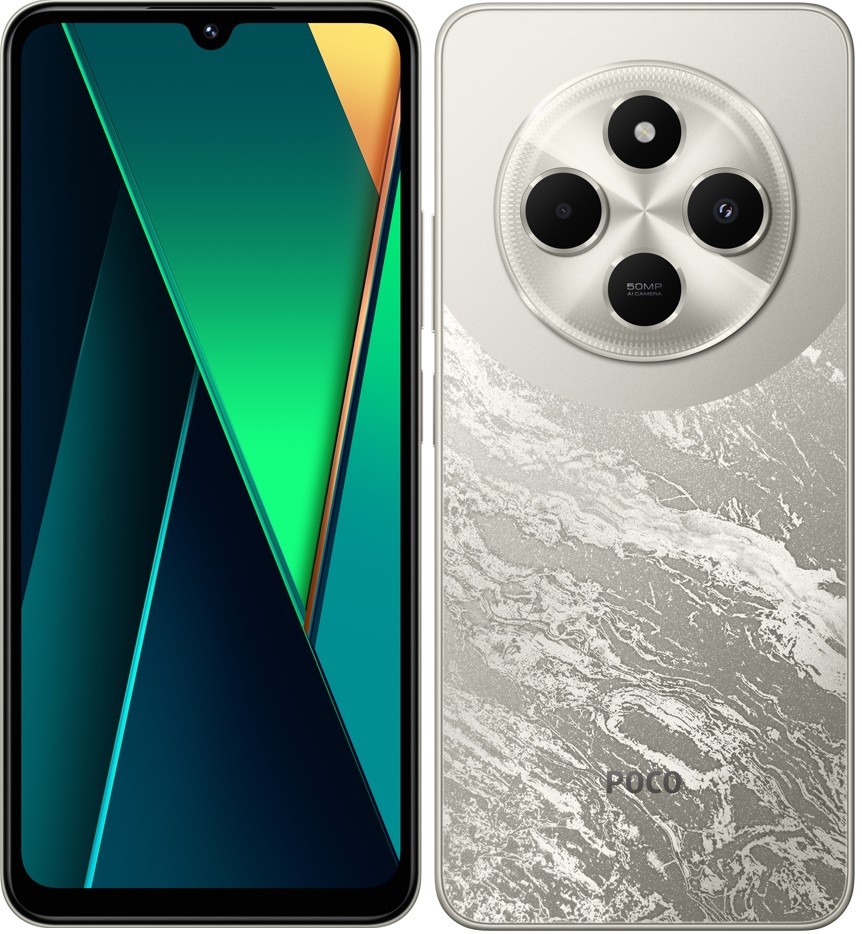 Xiaomi Poco smartphone featuring a sleek silver and white marbled back, a large display with a waterdrop notch, and a circular camera module with three lenses.