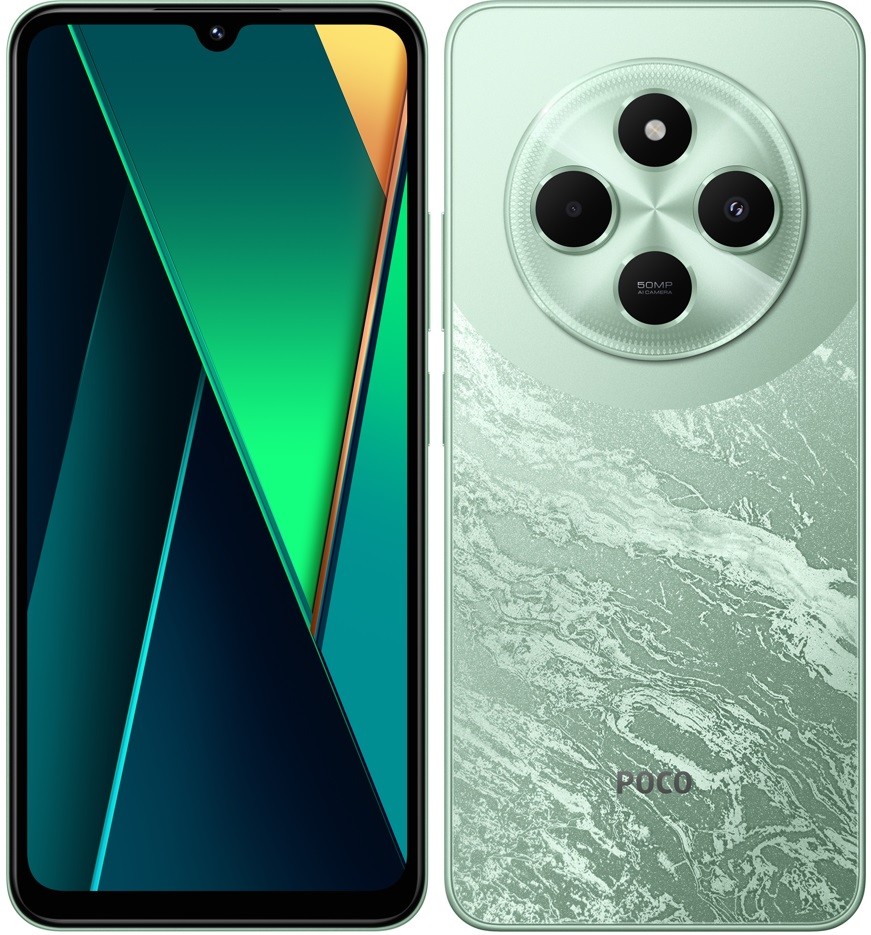 Poco C75 smartphone in green with a textured back, featuring a circular camera module with three lenses and a vibrant display showcasing a geometric design.