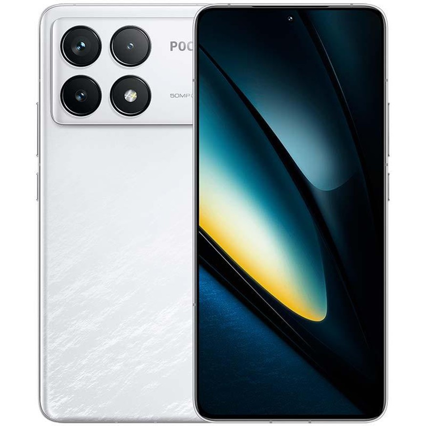 Poco F6 Pro smartphone in white, featuring a sleek design, large display, triple rear camera setup, 16GB RAM, 1TB storage, and 5G connectivity.