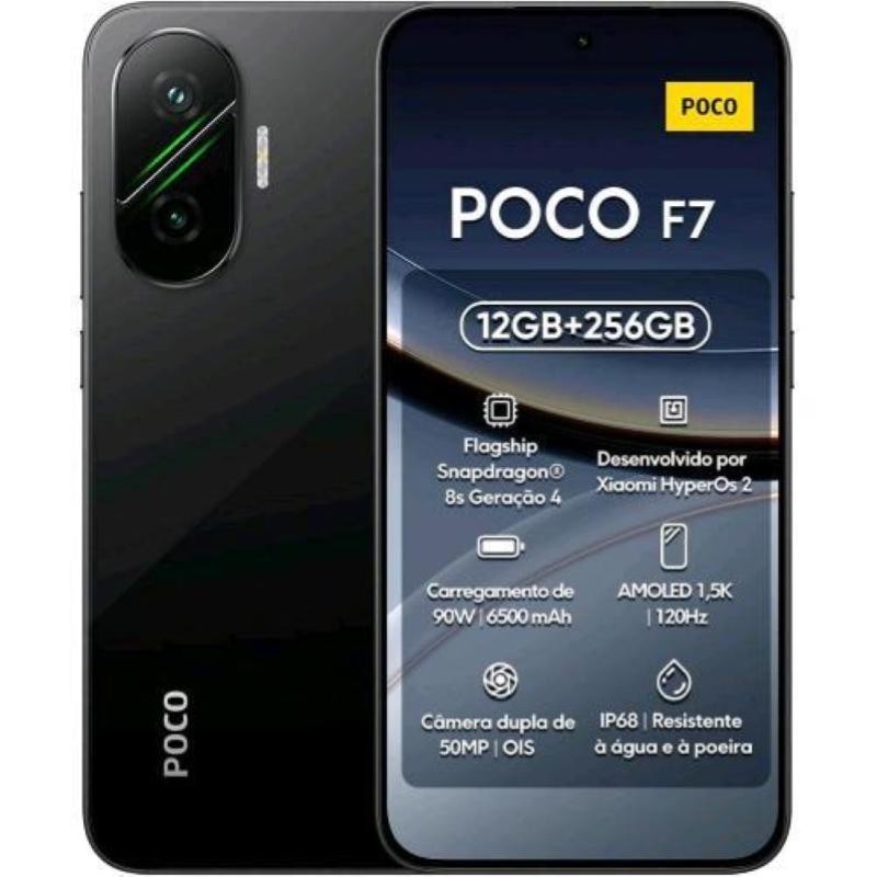 Xiaomi Poco F7 smartphone in black, featuring a 6.83-inch AMOLED display, 12GB RAM, 256GB storage, and a dual 50MP camera setup, highlighting its sleek design and advanced specs.