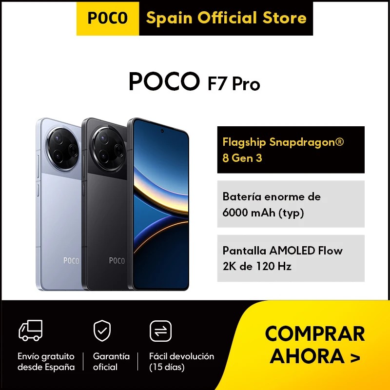 Xiaomi POCO F7 Pro smartphone featuring a sleek design, dual rear cameras, AMOLED display, Snapdragon 8 processor, and a large 6000 mAh battery, with promotional text and details.