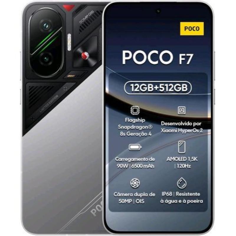 Xiaomi Poco F7 in silver features a sleek design, dual rear cameras, a vibrant AMOLED display, and specifications highlighting 12GB RAM and 512GB storage.