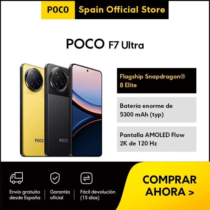 Xiaomi POCO F7 Ultra smartphone in black and yellow, featuring a large AMOLED display, Snapdragon 8 Elite processor, and a 5300 mAh battery, with promotional text for early pricing and gifts.