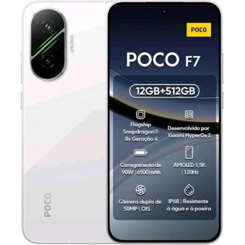 Xiaomi Poco F7 5G smartphone in white, featuring a 6.67-inch AMOLED display, dual rear cameras, 512GB storage, 12GB RAM, and a sleek design with a glossy finish.