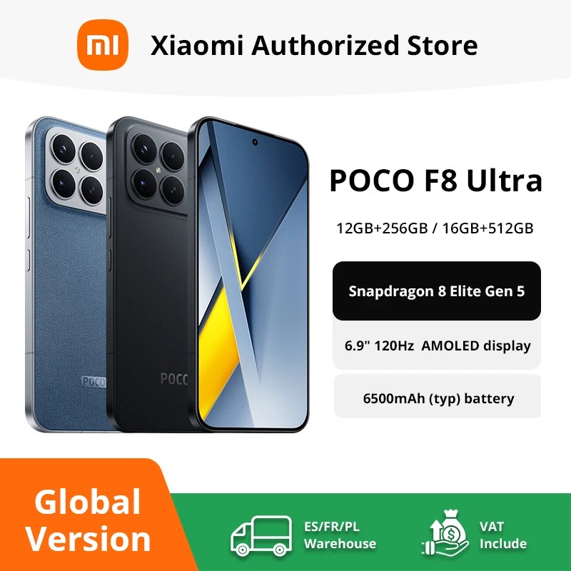 POCO F8 Ultra smartphone in black and blue, featuring a 6.9" AMOLED display, Snapdragon 8 Elite Gen 5 processor, 6500mAh battery, and NFC support.