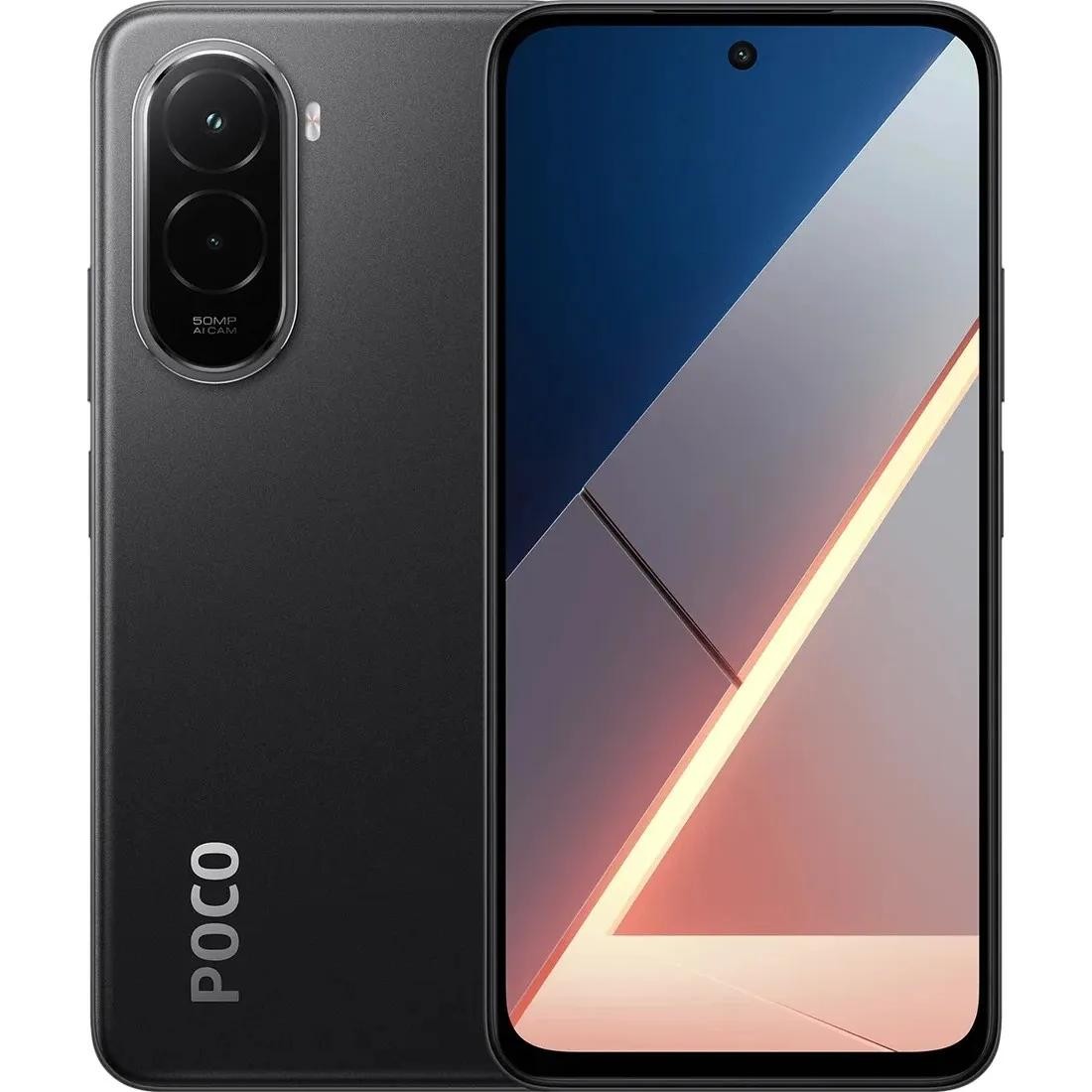Xiaomi Poco M7 smartphone in black, featuring a 6.90-inch display, dual SIM capability, and 128GB storage, showcasing a sleek design with a prominent Poco logo.