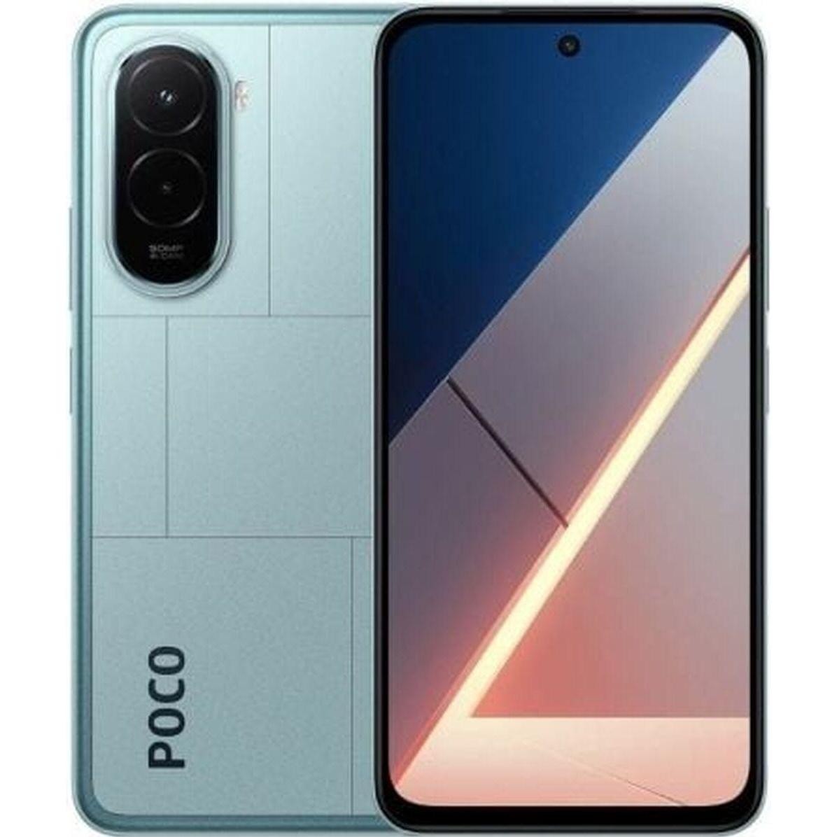 POCO M7 smartphone in blue, featuring a sleek design with a textured back, dual rear cameras, and a large display with a central front camera cutout.