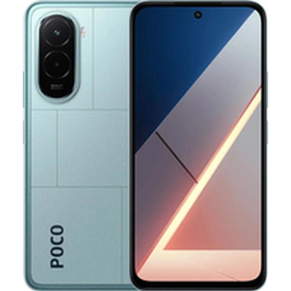 POCO M7 smartphone in blue, featuring a sleek design, dual rear cameras, a large display with a centered punch-hole, and 8 GB RAM with 256 GB storage capacity.