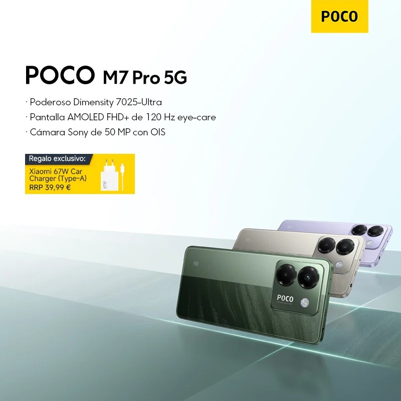 Xiaomi Poco M7 Pro 5G in silver, featuring a sleek design, dual SIM capability, 256GB storage, 8GB RAM, and a 50 MP camera with OIS, displayed alongside other color variants.