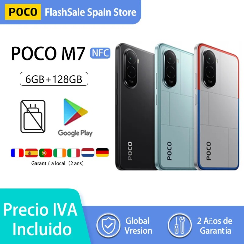 POCO M7 smartphone featuring a Snapdragon 685 processor, 7000 mAh battery, 6.9" FHD+ display, available in black, blue, and red, with NFC and 33W charging.