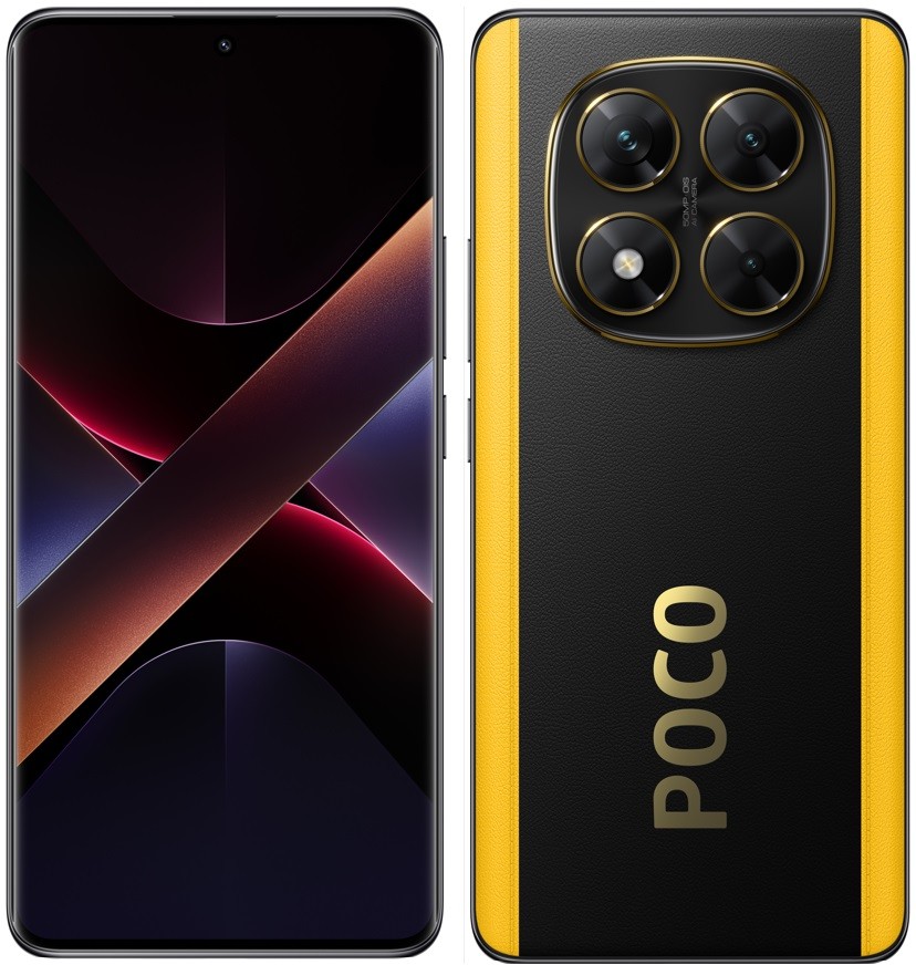 Xiaomi Poco X7 5G smartphone in black and yellow, featuring a sleek design, dual SIM capability, 8GB RAM, 256GB storage, and a triple camera setup on the back.