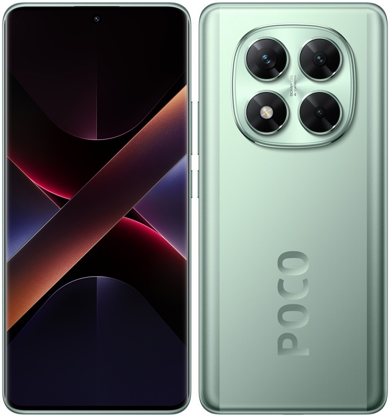 Xiaomi Poco X7 5G smartphone in green, featuring a sleek design, dual SIM capability, 8GB RAM, 256GB storage, and a quad-camera setup on the back.