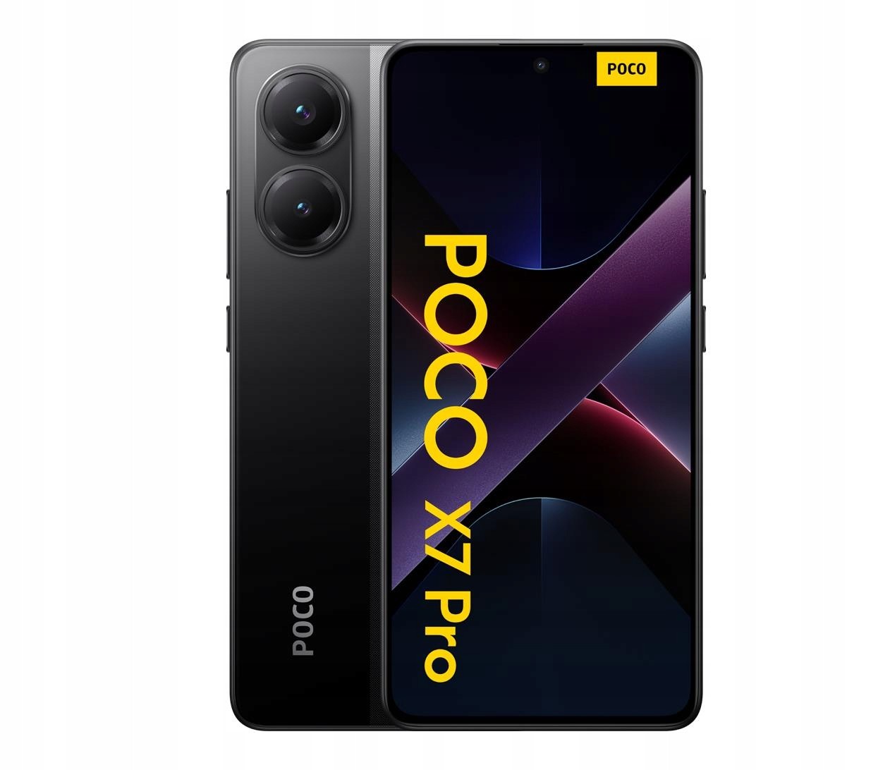 Xiaomi Poco X7 Pro 5G smartphone in black, featuring a sleek design, dual rear cameras, a large display, and bold "POCO X7 Pro" branding on the screen.