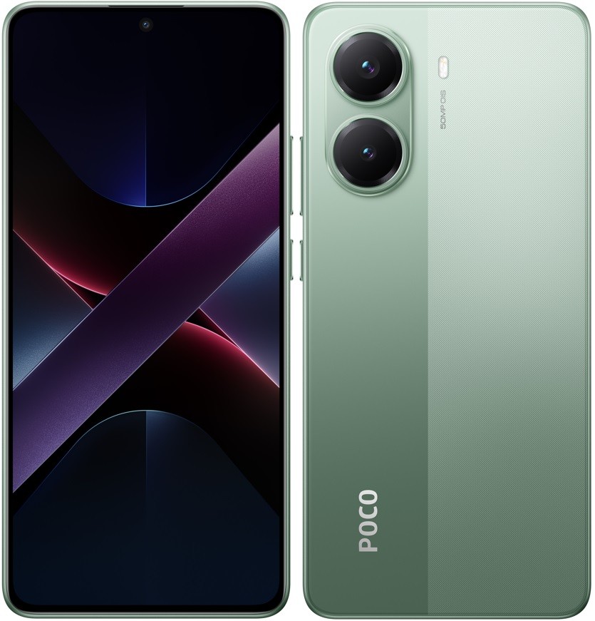Xiaomi Poco X7 Pro 5G in green, featuring a sleek design, dual rear cameras, and a large display with a centered front camera, showcasing its 12GB RAM and 512GB storage capacity.