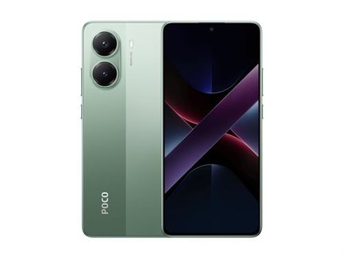 POCO X7 Pro smartphone in green, featuring a sleek design, dual rear cameras, a 6.67-inch display, and 8GB RAM with 256GB storage, labeled for 5G connectivity.