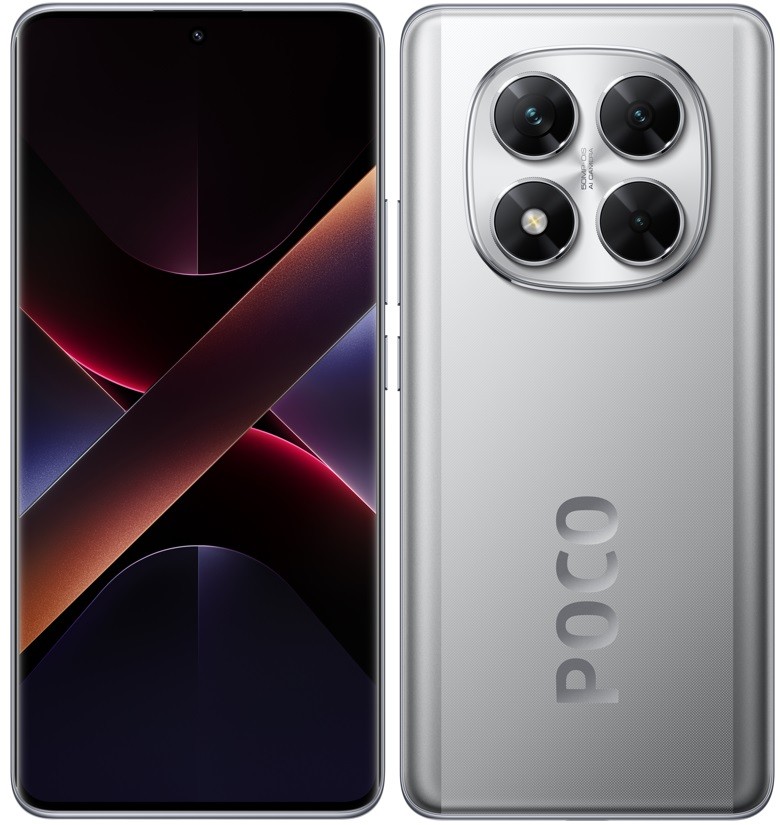 Silver Xiaomi Poco X7 5G smartphone with a sleek design, featuring a large display, triple rear camera setup, and "POCO" branding on the back.