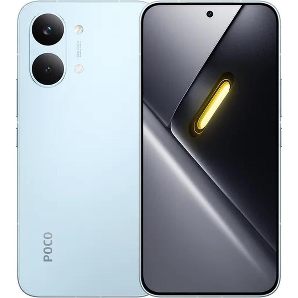 Xiaomi X8 Pro Max smartphone in blue with dual rear cameras, a sleek design, and a large display showcasing a dark interface.