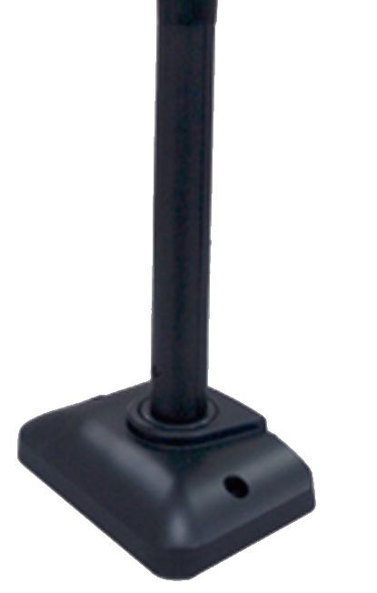 Black metal pole with a sturdy square base, featuring a circular hole for stability, designed for various mounting applications.