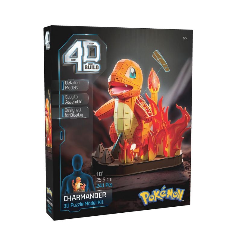 Colorful 3D model kit of Pokémon Charmander, featuring a vibrant orange figure with a flame base, includes 241 pieces, designed for ages 12 and up, perfect for desk décor.