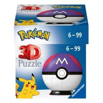 3D puzzle of a Master Ball from Pokémon, featuring a purple and white design with a prominent "M" logo, packaged in a colorful box with Pikachu graphics.