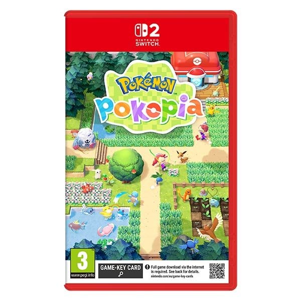 Nintendo Switch game card for "Pokemon Pokopia," featuring vibrant colors, a lush landscape with Pokémon, and a playful, cartoonish design on the cover.