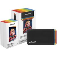 Black Polaroid Hi-Print Gen 2 E-Box with rainbow stripe, shown with photo paper packs featuring colorful portrait.