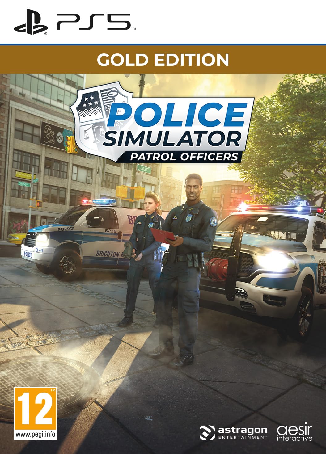 Cover featuring "Police Simulator: Patrol Officers - Gold Edition" for PS5, with vibrant colors, a police car, and officers in uniform, set in a city environment.