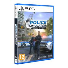 Blue PS5 game case featuring "Police Simulator: Patrol Officers" title, with two police officers and a patrol car on the cover, set against a city backdrop.