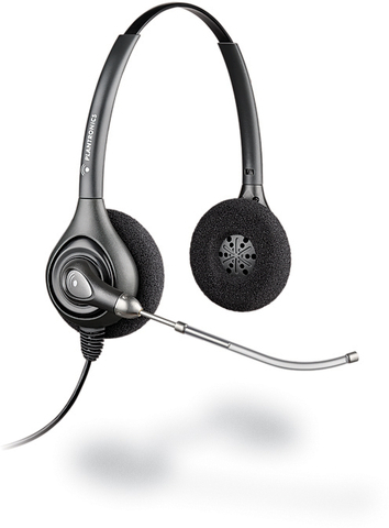Black binaural headset with foam ear cushions, a flexible boom microphone, and a sleek design, featuring a single cable for connection.