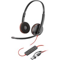 Black Poly Blackwire 3220 stereo USB-C headset with red accents and USB-C/A adapter, inline controls on cable.