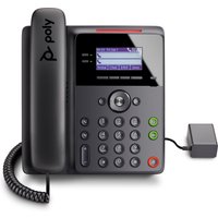Black Poly Edge B10 IP phone with LCD screen, numeric keypad, and power supply unit.
