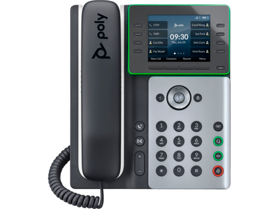 Poly Edge E350 IP phone features a black handset, a silver base with a numeric keypad, and a color display screen with green accents, designed for PoE connectivity.