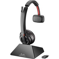 Black POLY Savi 8210 UC DECT headset with USB-A connector, single ear cup, and adjustable headband on charging stand.